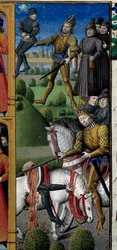 Scene della vita di Carlo Magno (742-814) Re dei Franchi: scena di combattimento. Scimmia. Miniatura tratta dal manoscritto "Speculum historiale" (Le Miroir historial) di Vincent de Beauvais (1184/94-1264) miniata dal Maestro François (15° secolo)