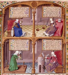 Le Quattro Virtù Cardinali: Prudenza, Forza, Continuità e Giustizia. Pagina tratta da un manoscritto di Seneca, illuminata dal maestro François.