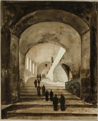 Monaci sulla scala della Villa di Mecenate a Tivoli