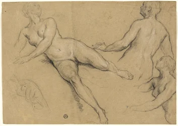 Foglio di studi: Tre donne e una mano (recto); schizzi di nudi maschili, teste e mani (verso)