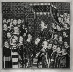 Luigi II (1337-1410) Conte di Clement, rende omaggio a Carlo V (1338-80) copia di una miniatura del XIV secolo