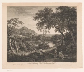 Paesaggio con pastore di pecore e due figure vicino a uno stagno