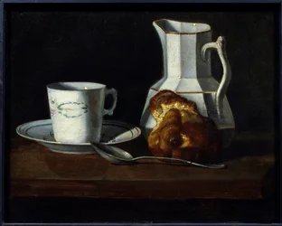 Natura morta con brioche, tazza, brocca di latte e brioche
