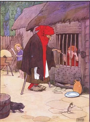 La vecchia chiuse Hansel in una stalla, da Hansel e Gretel pubblicato da Blackie & Son Limited, c.1940