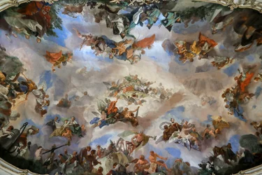 Affresco sul soffitto della grande galleria del Castello di Schönbrunn, Allegoria della prosperità della monarchia austriaca , Vienna, Austria, 2024 (foto)