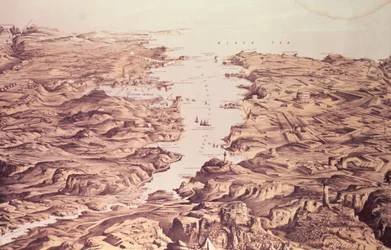 Veduta panoramica dei lati nord e sud del porto e del porto di Sebastopoli, progettata e litografata da Thomas Packer, pub. da Stannard e Dixon, 1855