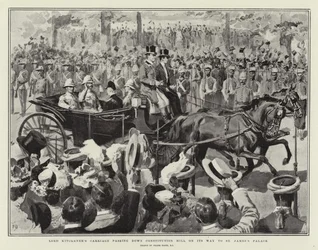 La carrozza di Lord Kitchener che passa lungo Constitution Hill sulla strada per St James