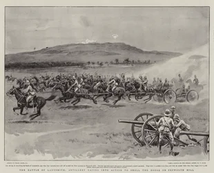 La battaglia di Ladysmith, artiglieria che corre in azione per bombardare i Boeri su Pepworth Hill