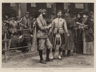 La mostra del bestiame alla Agricultural Hall, Islington, tra gli Highlanders