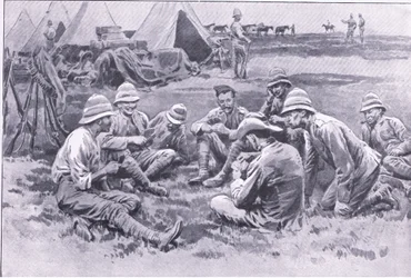Soldati stanchi che si riposano, da Dopo Pretoria: La guerra di guerriglia pubblicata da Harmsworth Bros Limited, 1901