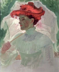 Donna con cappello rosso e parasole