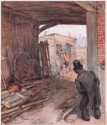 Giunto a destinazione, il primo oggetto che si presentò alla sua vista fu un paio di piedi assai imperfettamente calzati, sospesi in aria, 1920 circa