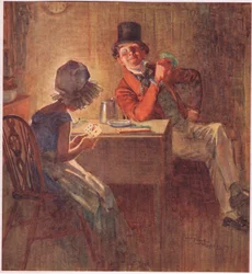 La marchesa che tiene stretti i suoi carte in entrambe le mani, considerava quale giocare, c.1920