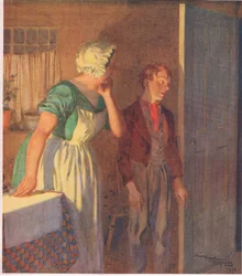 Il bambino si affrettò alla porta e scomparve rapidamente come era venuto, c.1920