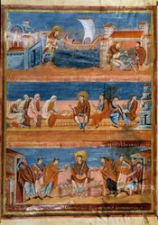 San Girolamo lascia Roma e paga il suo maestro a Gerusalemme (in alto), lavora con i suoi scribi (al centro) e distribuisce la Vulgata (in basso). Miniatura nella "Prima Bibbia di Carlo il Calvo, conosciuta anche come la Bibbia di Vivien" (Folio 3v), 845-8
