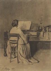 Donna al pianoforte vista di spalle