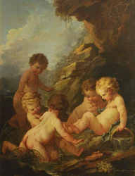 Boucher - Cinque bambini nudi che giocano vicino a una piscina rocciosa, 1730-1735