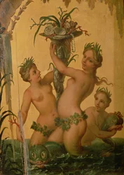 Dettaglio di sirene che tengono una cornucopia dalla Carrozza di Stato di Pietro il Grande