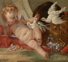 Entourage di François Boucher - Amore che tiene in mano due colombe