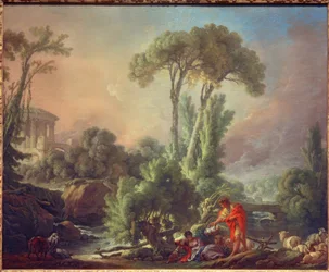 Paesaggio fluviale con tempio antico