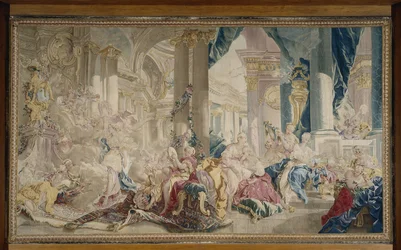 Manufacture de Beauvais - Psiche condotta da Zefiro nel palazzo di Amore e Psiche che mostra la sua ricchezza alle sorelle, dopo il 1741