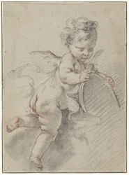 Putto fluttuante con uno specchio da toilette
