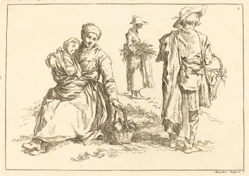 Madre seduta e bambino, due contadini in piedi