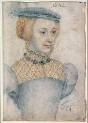 Ritratto di Anne de Pisseleu, moglie di Louis de Coesmes, Signore di Lucé (1520 -?). Disegno con pietra nera e sanguigna di Francois Clouet (1515-1572)