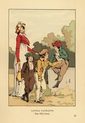 Ragazzi con giacche e pantaloni con Merveilleuse in abito romano con berretto e giacca spencer. Piccoli Patrioti, Anno VIII