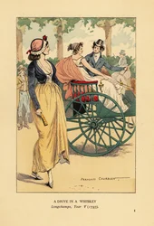 Coppia alla moda in carrozza a un cavallo a Longchamps, Parigi, Anno V