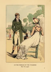 Coppia alla moda sulla terrazza delle Tuileries, Parigi, Anno VI
