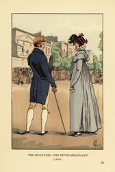 Coppia alla moda che si diverte sul Boulevard du Temple, Parigi. Il Boulevard des Petits Spectacles