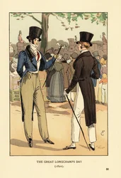 Gentiluomini alla moda in cilindro e frac con bastoni da passeggio. Durante una grande giornata di corse all