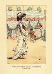 Donna alla moda che arriva per un appuntamento al Café des Tuileries, Parigi, Anno VI