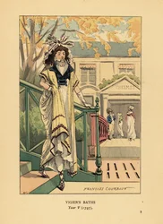 Donna alla moda o Merveilleuse davanti ai bagni termali di Vigier sulle rive della Senna, Anno V