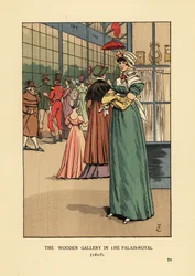 Donna alla moda che fa shopping nella Galleria di Legno del Palais Royal, Parigi