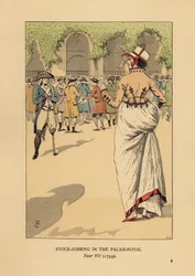 Donna alla moda con un gruppo di speculatori, Parigi. Un soldato rivoluzionario con una gamba sola fa la guardia. Speculazione al Palais Royal, Anno VII