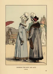 Donne alla moda con cappelli piumati, colletti di pizzo e abiti bordati di pelliccia. Attraversando il Pont des Arts, Parigi