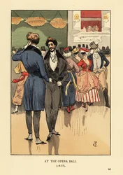 Dandy in cappotto con code, gilet, pantaloni stretti e calze bianche. Persone in costume e maschere dietro di loro. Al Ballo dell