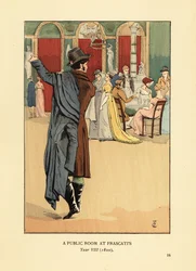 Gentiluomo che indossa un cappotto carrick mentre lascia un salone alla moda. Una sala pubblica a Frascati, Parigi, Anno VIII