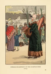 Donna in cappotto foderato di pelliccia con manicotto di pelliccia che visita il bivacco dei cosacchi tartari e calmucchi a Parigi dopo la caduta di Napoleone