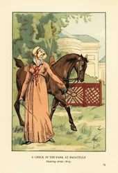 Donna in abito da caccia, cappellino e fazzoletto che conduce un cavallo nel Parc de Bagatelle, Bois de Boulogne, Parigi