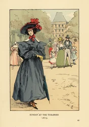 Donna che passeggia in abito della domenica nel parco. Indossa un cappello a tesa larga, un vestito con maniche ampie, stivaletti alla caviglia e porta un parasole. Domenica ai Giardini delle Tuileries