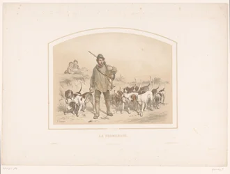 Cacciatore con dieci cani da caccia