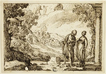 Scena mitologica non identificata con uomo e donna che conversano in un paesaggio classico