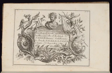 Cartouche con busto ritratto, libro di cartouches irregolari