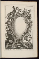 Cartiglio con putto che tiene trombe, Livre de Cartouches Irréguliers (Libro di cartigli irregolari)