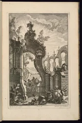 Disegno per fontana con archi a traliccio