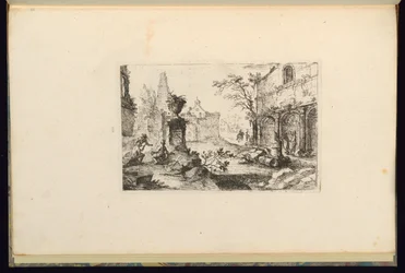 Disegno di un paesaggio con rovine