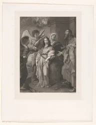 Maria come giovane donna, adornata dagli angeli in presenza di Gioacchino e Anna
